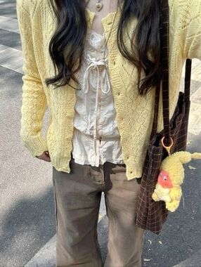 House of Harlow 1960 Baby Yellow Pointelle Knit Button Cardigan Like New